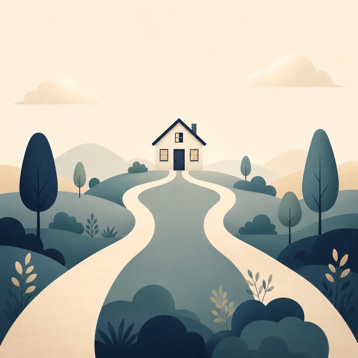 Illustration of two separate paths leading away from a shared home, representing common-law separation in BC