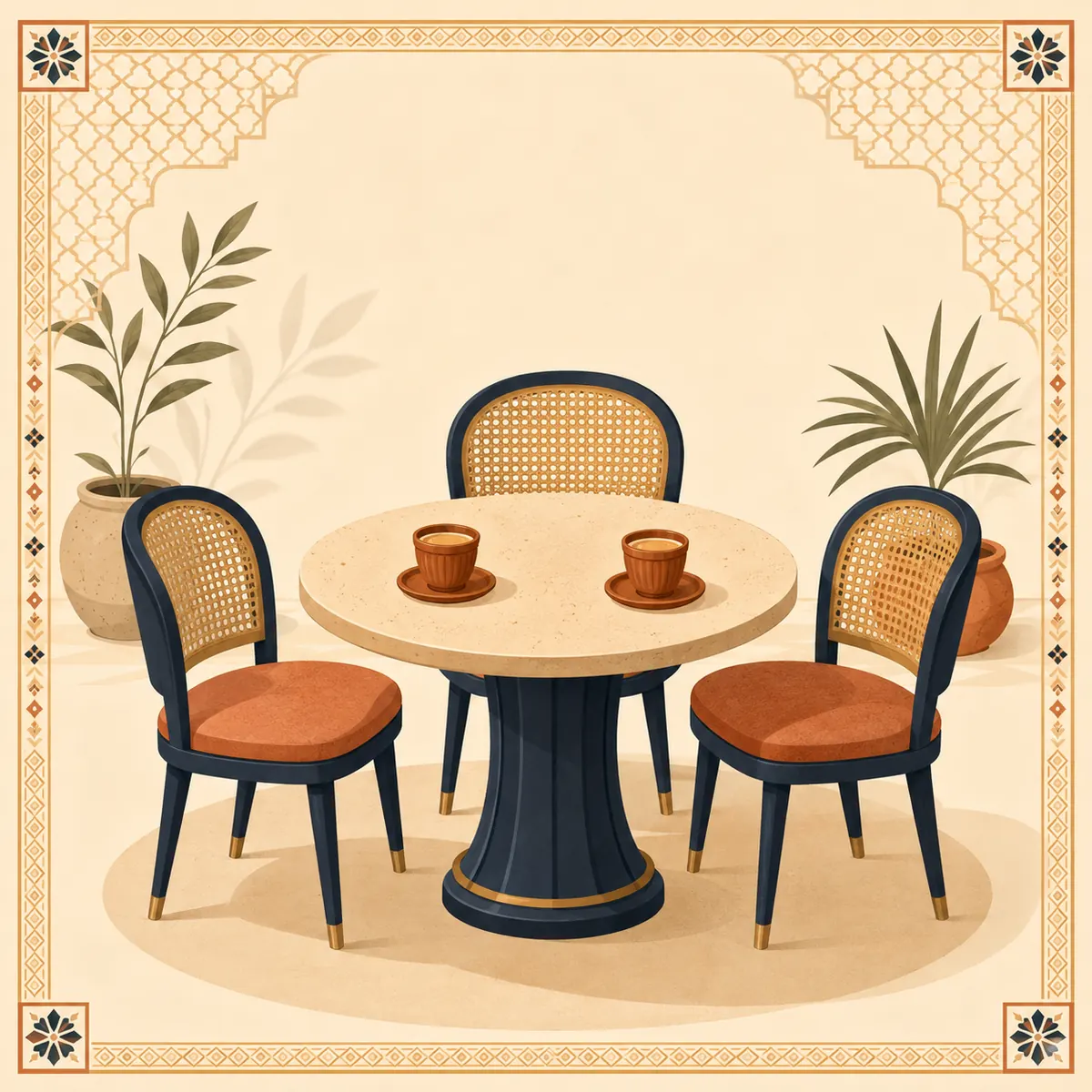 Illustration of three chairs around a round table with a warm South Asian inspired pattern, representing family mediation in Surrey