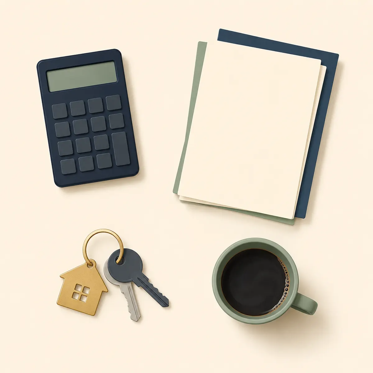Calculator, documents and house key illustration representing the cost of a divorce in BC