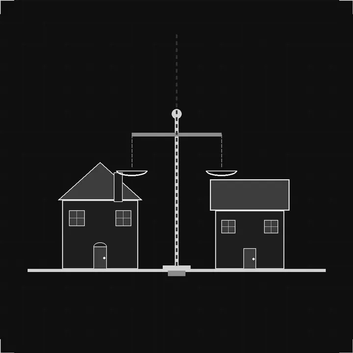 Two houses on either side of a legal scale representing property division after separation in BC