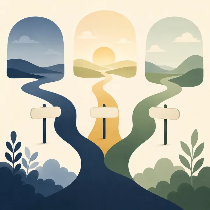 Illustration of a path branching into three directions with signposts, representing options if family mediation does not resolve everything