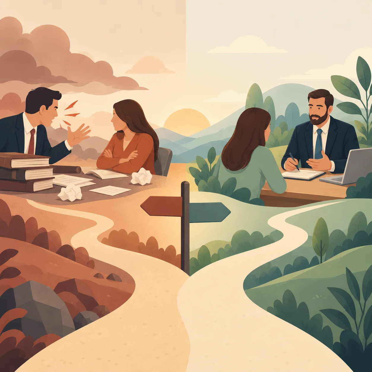 A split illustration: on one side, a tense lawyer meeting under stormy skies represents an aggressive approach; on the other, a calm, collaborative lawyer consultation under clear skies represents a strategic approach, with two diverging paths meeting at a signpost