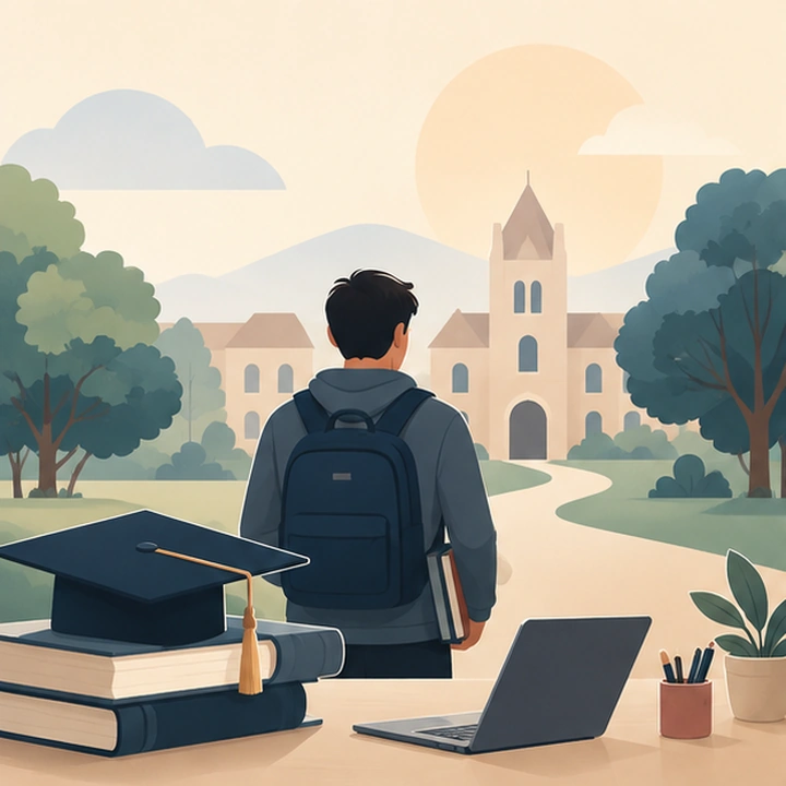 Illustration of a student with a backpack approaching a campus, with books, a graduation cap and a laptop, representing support for adult children in school