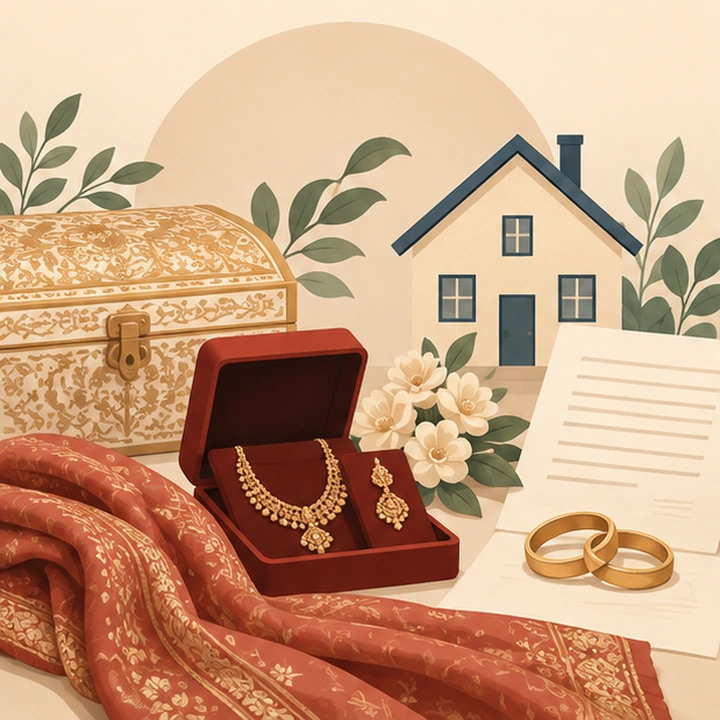 Illustration of gold wedding jewellery, rings, a gift chest, documents and a home, representing dowry and family contributions in BC divorce