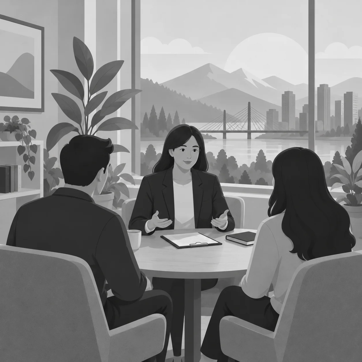 A mediator helps a separating couple talk around a table beside a window overlooking a city, bridge, and mountains