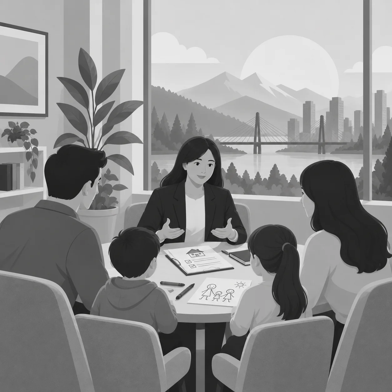 A mediator meets with two parents and their children around a table to discuss a parenting plan, with a city, bridge, and mountains outside the window