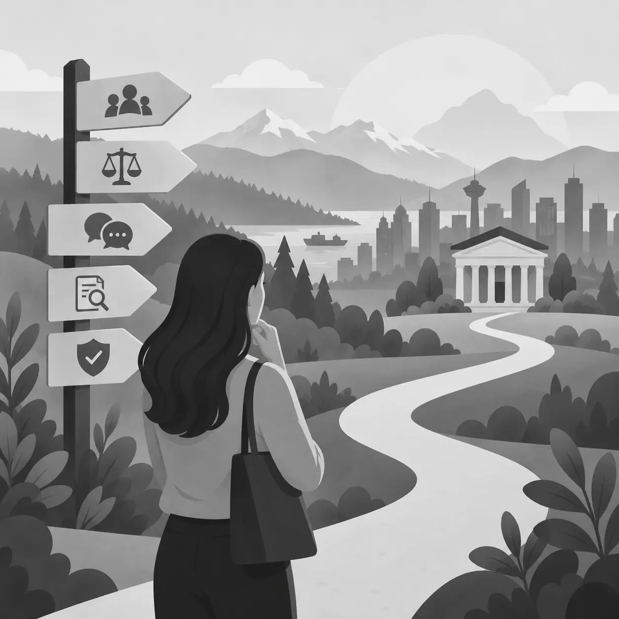 A woman considers signposts for family, justice, communication, research, and safety along a path toward a courthouse in British Columbia