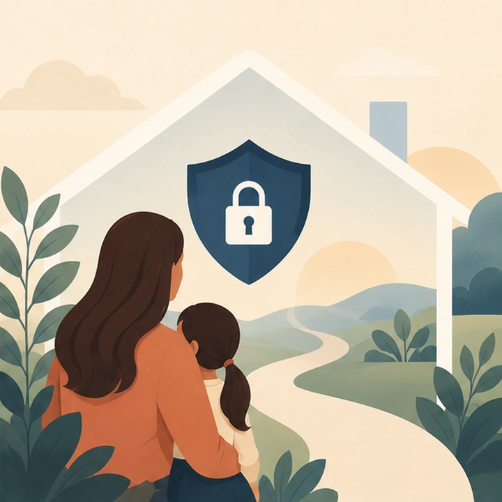 Illustration of a parent and child beside a home and a shield with a padlock, representing protection orders and safety planning during separation