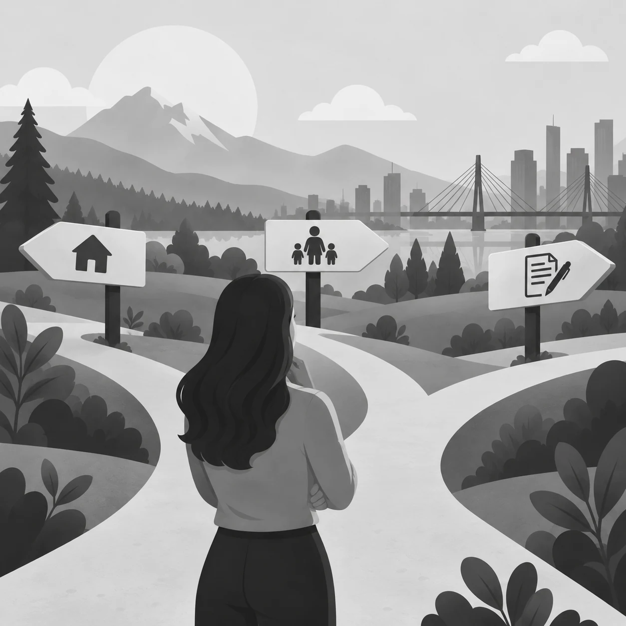 A woman at a forked path considers signs for a home, parenting, and a legal agreement, with mountains and a city skyline in the background