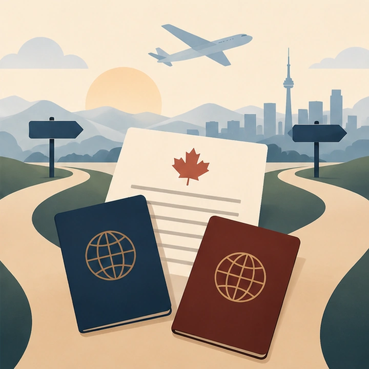 Illustration of two passports, a Canadian document and diverging paths, representing spousal sponsorship and separation before immigration is finalized