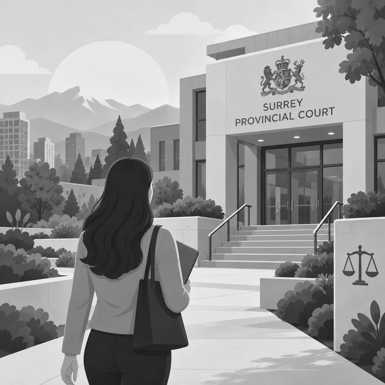 A woman walking toward the entrance of Surrey Provincial Court, with the courthouse name visible above the doors